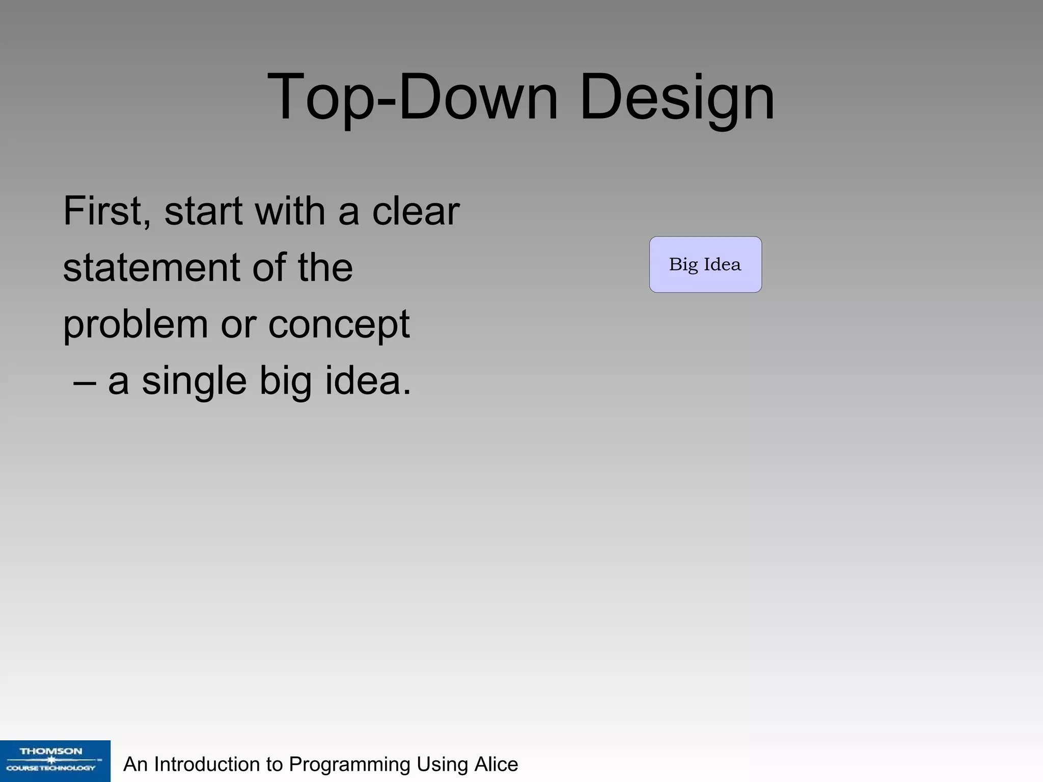 Top-Down Design First, start with a clear statement of the problem or concept    – a  single big idea. 