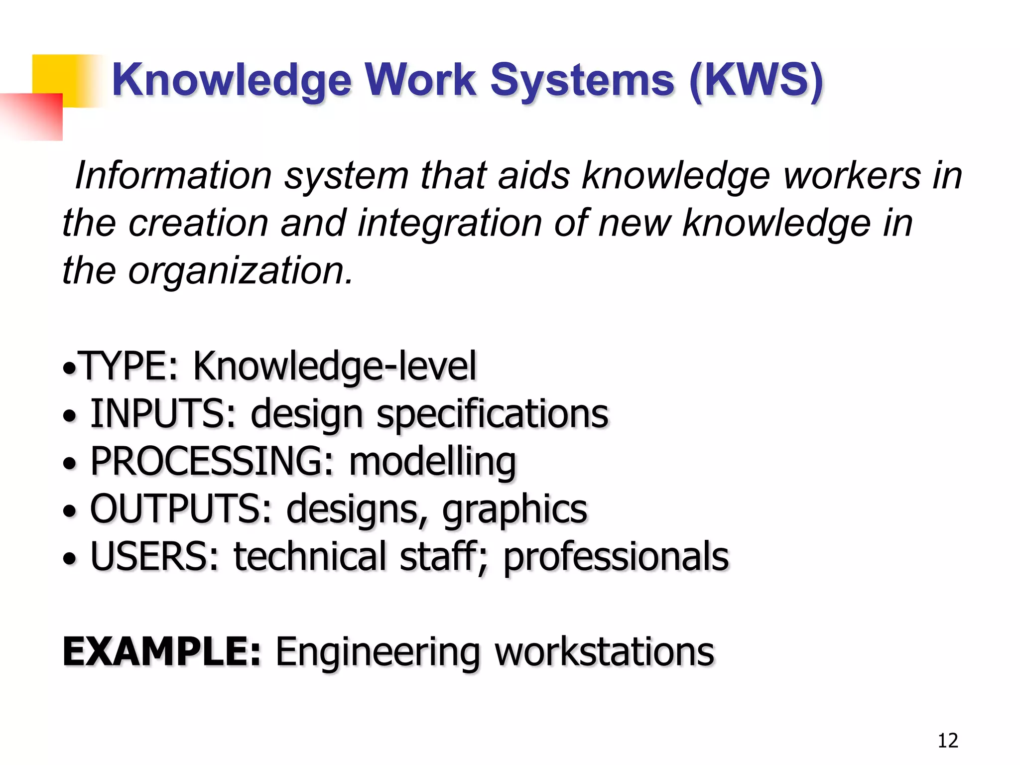 Knowledge Work Systems (KWS)

 Information system that aids knowledge workers in
the creation and integration of new knowledge in
the organization.

•TYPE: Knowledge-level
• INPUTS: design specifications
• PROCESSING: modelling
• OUTPUTS: designs, graphics
• USERS: technical staff; professionals

EXAMPLE: Engineering workstations

                                                12
 