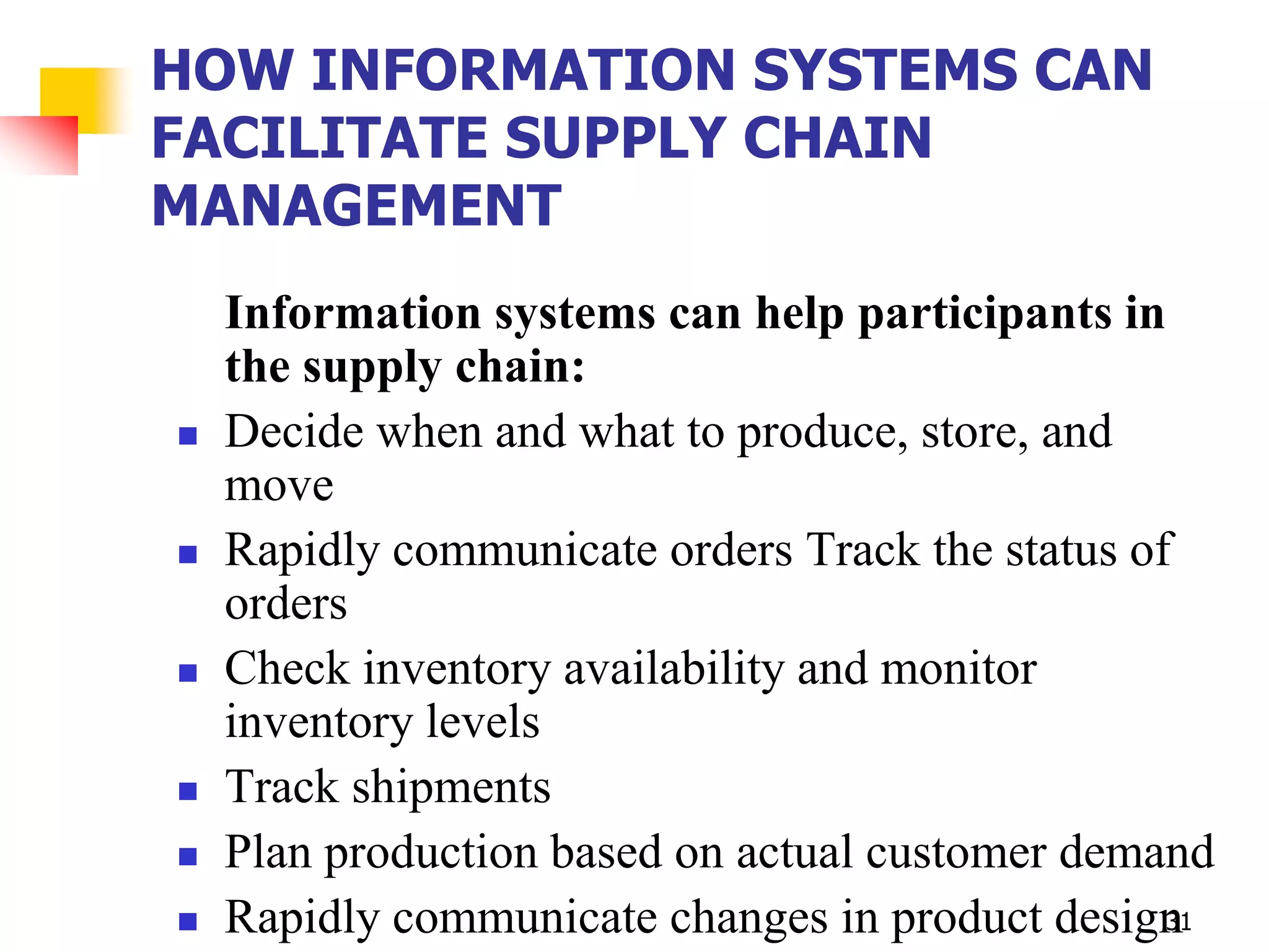 HOW INFORMATION SYSTEMS CAN
FACILITATE SUPPLY CHAIN
MANAGEMENT
    Information systems can help participants in
    the supply chain:
   Decide when and what to produce, store, and
    move
   Rapidly communicate orders Track the status of
    orders
   Check inventory availability and monitor
    inventory levels
   Track shipments
   Plan production based on actual customer demand
   Rapidly communicate changes in product design 31
 