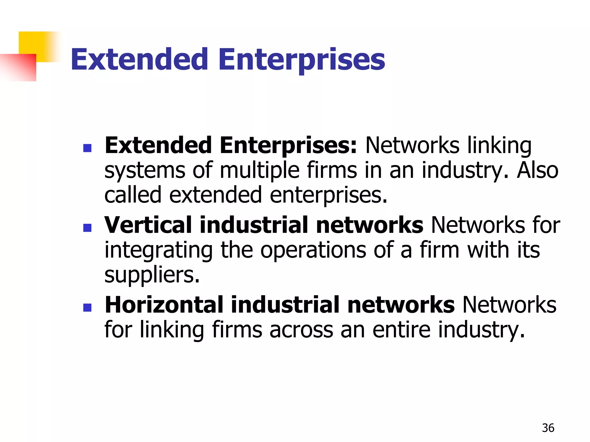 Extended Enterprises

   Extended Enterprises: Networks linking
    systems of multiple firms in an industry. Also
    called extended enterprises.
   Vertical industrial networks Networks for
    integrating the operations of a firm with its
    suppliers.
   Horizontal industrial networks Networks
    for linking firms across an entire industry.



                                                36
 