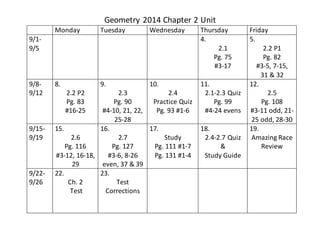 Geometry 2014 Chapter 2 Unit 
Monday Tuesday Wednesday Thursday Friday 
9/1- 
9/5 
4. 
2.1 
Pg. 75 
#3-17 
5. 
2.2 P1 
Pg. 82 
#3-5, 7-15, 
31 & 32 
9/8- 
9/12 
8. 
2.2 P2 
Pg. 83 
#16-25 
9. 
2.3 
Pg. 90 
#4-10, 21, 22, 
25-28 
10. 
2.4 
Practice Quiz 
Pg. 93 #1-6 
11. 
2.1-2.3 Quiz 
Pg. 99 
#4-24 evens 
12. 
2.5 
Pg. 108 
#3-11 odd, 21- 
25 odd, 28-30 
9/15- 
9/19 
15. 
2.6 
Pg. 116 
#3-12, 16-18, 
29 
16. 
2.7 
Pg. 127 
#3-6, 8-26 
even, 37 & 39 
17. 
Study 
Pg. 111 #1-7 
Pg. 131 #1-4 
18. 
2.4-2.7 Quiz 
& 
Study Guide 
19. 
Amazing Race 
Review 
9/22- 
9/26 
22. 
Ch. 2 
Test 
23. 
Test 
Corrections 
 