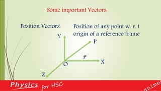 Some important Vectors:
Position Vectors: Position of any point w. r. t
origin of a reference frame
X
Y
Z
P
O
𝑟
 
