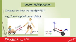 Vector Multiplication
Depends on how we multiply????
e.g., Force applied on an object
 