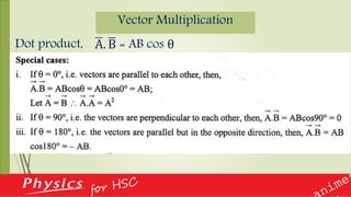 Vector Multiplication
Dot product, A. B = AB cos θ
 