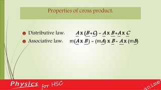 Properties of cross product:
☻ Distributive law: A x (B +C) = A x B +A x C
☻ Associative law: m(A x B ) = (mA) x B = A x (mB)
 