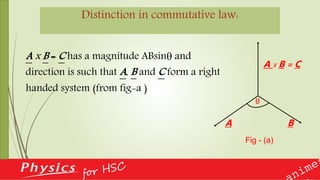 Distinction in commutative law:
A x B = C has a magnitude ABsin and
direction is such that A, B and C form a right
handed system (from fig-a )
θ
A x B = C
A B
Fig - (a)
 