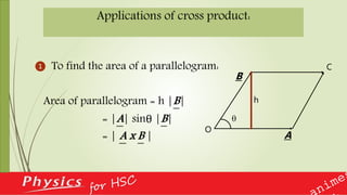 Applications of cross product:
❶ To find the area of a parallelogram:
Area of parallelogram = h |B|
= |A| sinθ |B|
= | A x B |

A
B
h
O
C
 