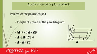 Application of triple product:
h
n
A
B
C
Volume of the parallelepiped
= (height h) x (area of the parallelogram
I)
= (A.n) x (| B x C |)
= A. (| B x C | n)
= A. ( B x C )
I
 