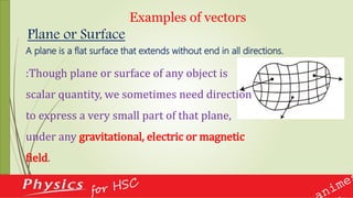 Examples of vectors
Plane or Surface
:Though plane or surface of any object is
scalar quantity, we sometimes need direction
to express a very small part of that plane,
under any gravitational, electric or magnetic
field.
A plane is a flat surface that extends without end in all directions.
 