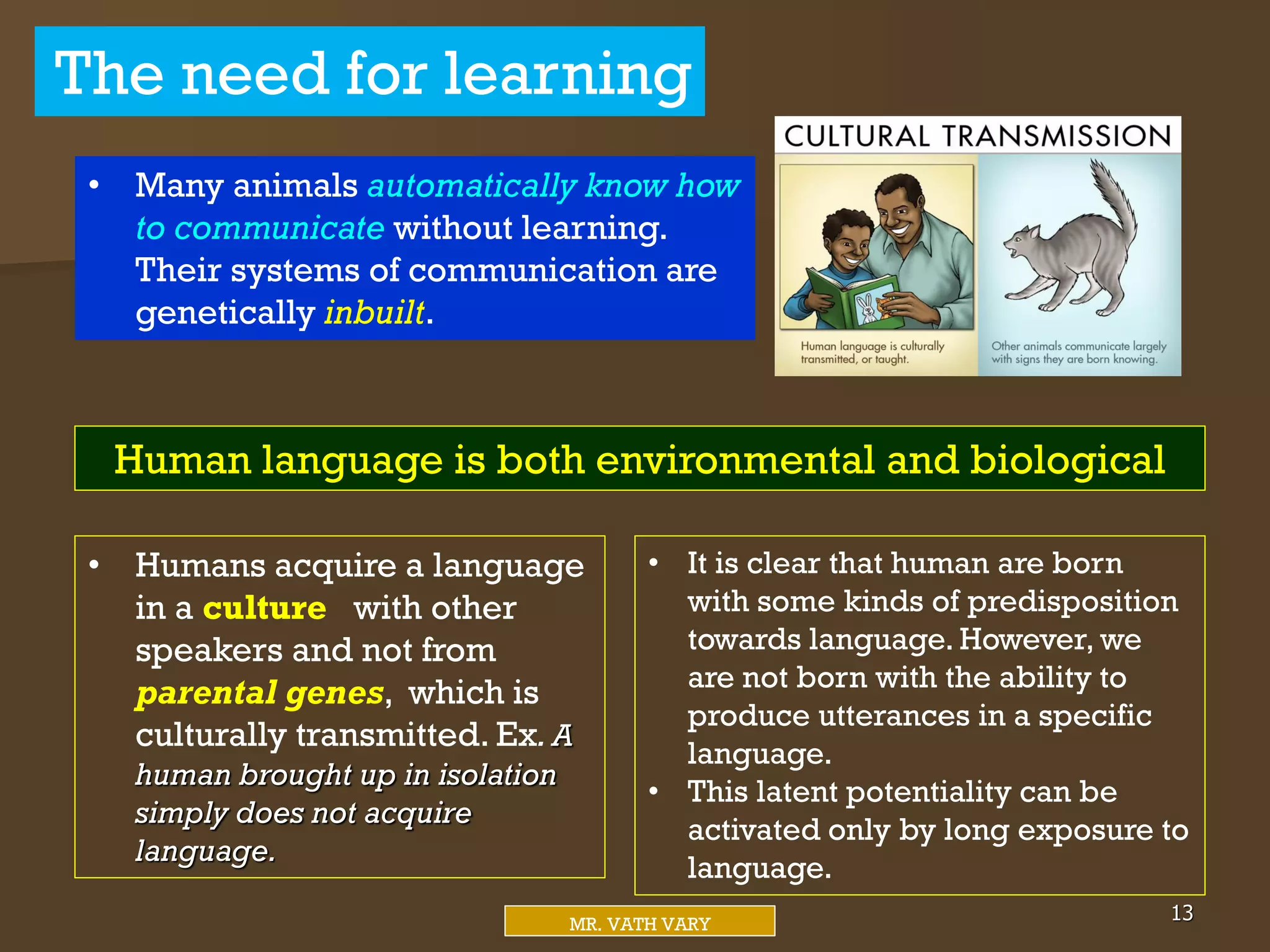 The need for learning
13
MR. VATH VARY
• Humans acquire a language
in a culture with other
speakers and not from
parental genes, which is
culturally transmitted. Ex. A
human brought up in isolation
simply does not acquire
language.
• It is clear that human are born
with some kinds of predisposition
towards language. However, we
are not born with the ability to
produce utterances in a specific
language.
• This latent potentiality can be
activated only by long exposure to
language.
• Many animals automatically know how
to communicate without learning.
Their systems of communication are
genetically inbuilt.
Human language is both environmental and biological
 