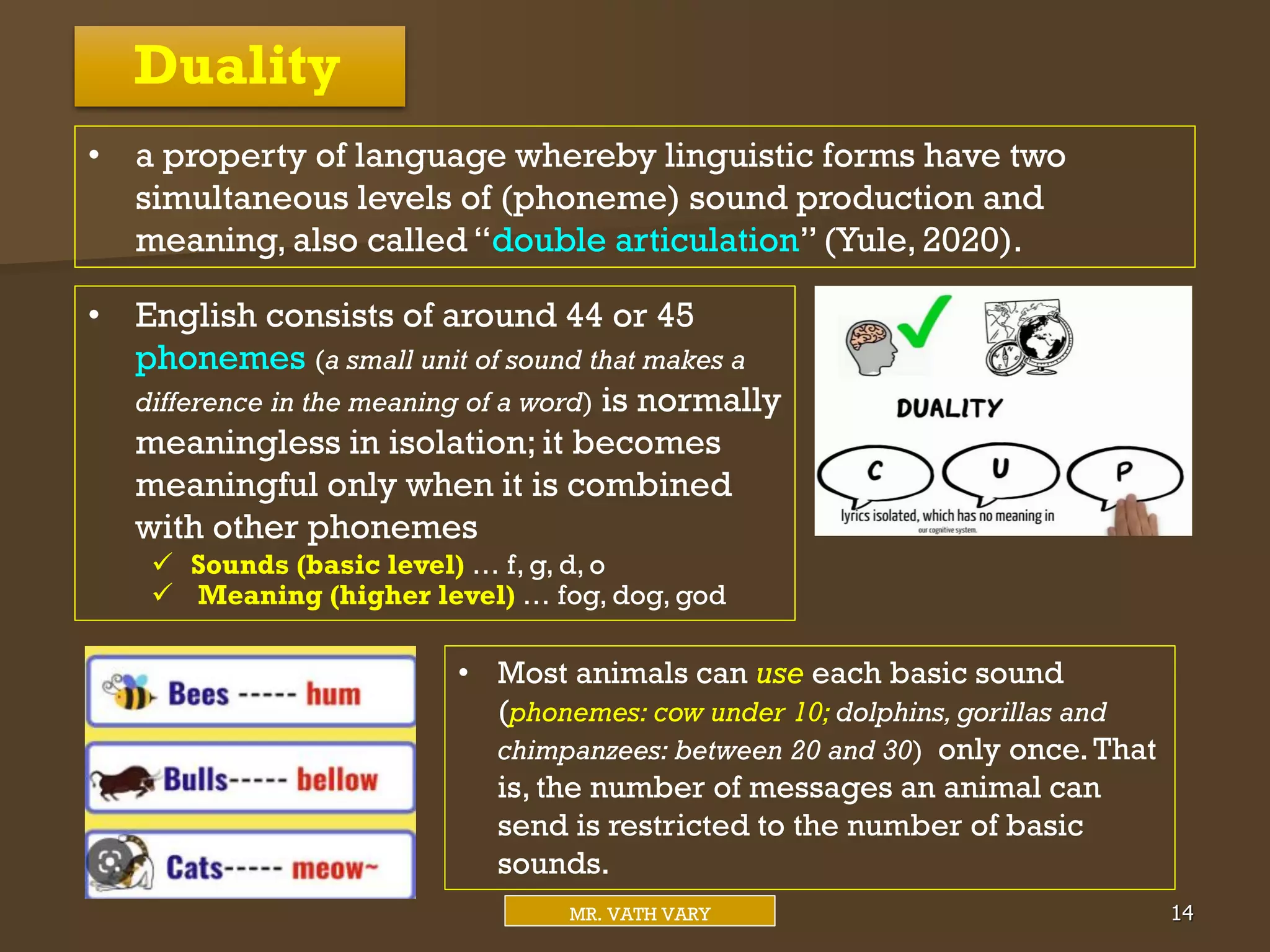 Duality
14
MR. VATH VARY
• English consists of around 44 or 45
phonemes (a small unit of sound that makes a
difference in the meaning of a word) is normally
meaningless in isolation; it becomes
meaningful only when it is combined
with other phonemes
 Sounds (basic level) … f, g, d, o
 Meaning (higher level) … fog, dog, god
• a property of language whereby linguistic forms have two
simultaneous levels of (phoneme) sound production and
meaning, also called “double articulation”(Yule, 2020).
• Most animals can use each basic sound
(phonemes: cow under 10; dolphins, gorillas and
chimpanzees: between 20 and 30) only once.That
is, the number of messages an animal can
send is restricted to the number of basic
sounds.
 
