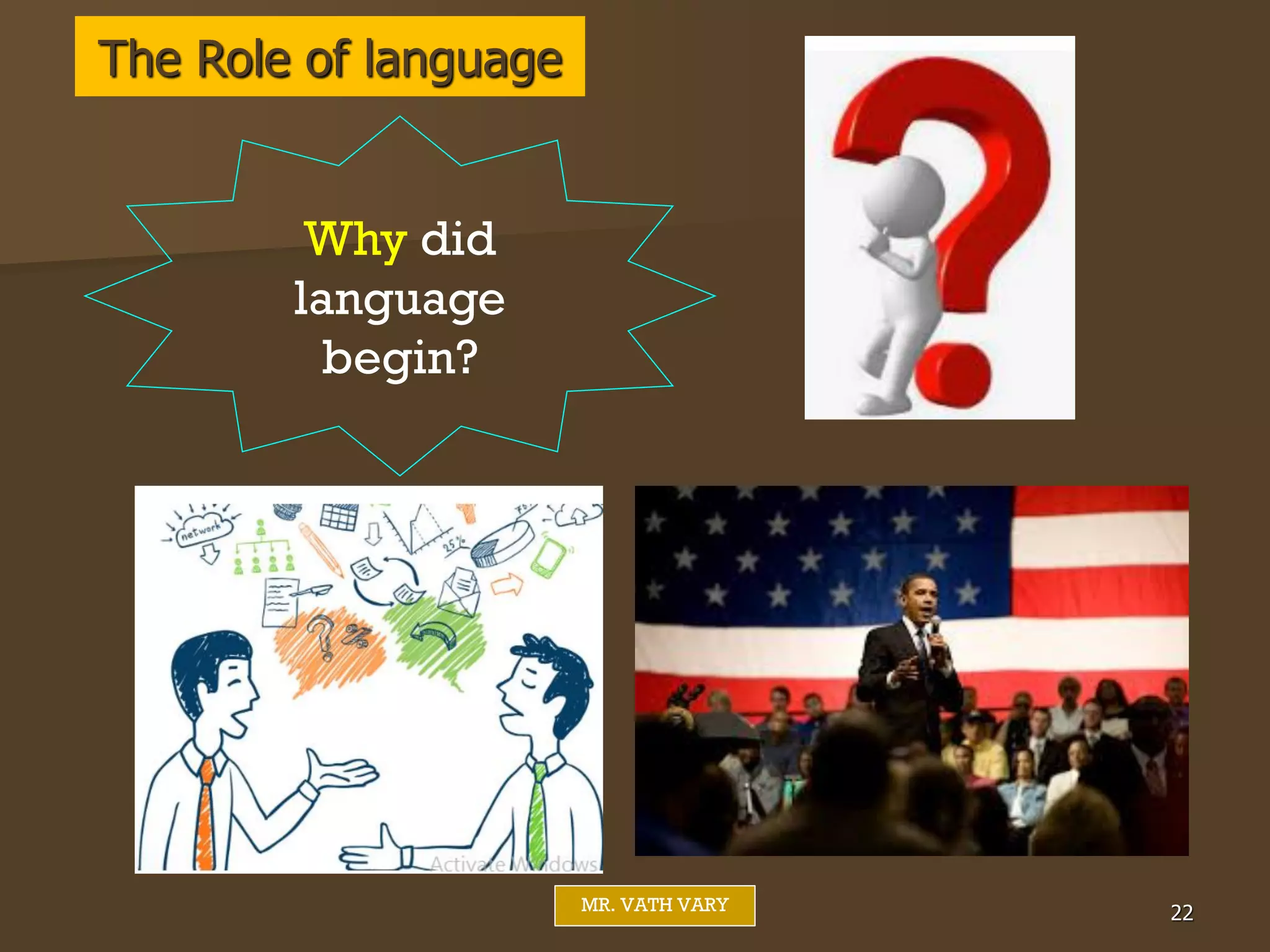 22
MR. VATH VARY
The Role of language
Why did
language
begin?
 