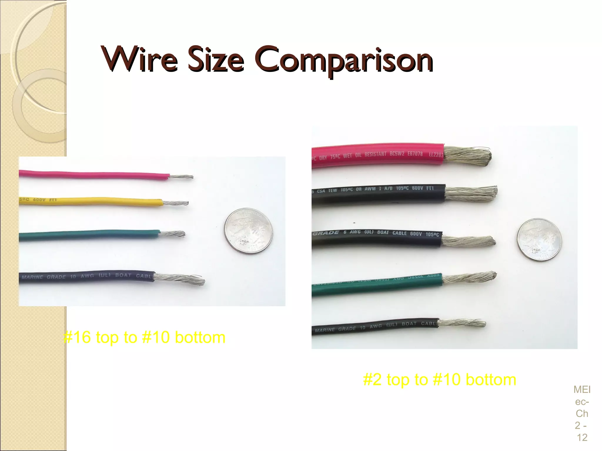 Wire Size ComparisonWire Size Comparison
MEl
ec-
Ch
2 -
12
#16 top to #10 bottom
#2 top to #10 bottom
 