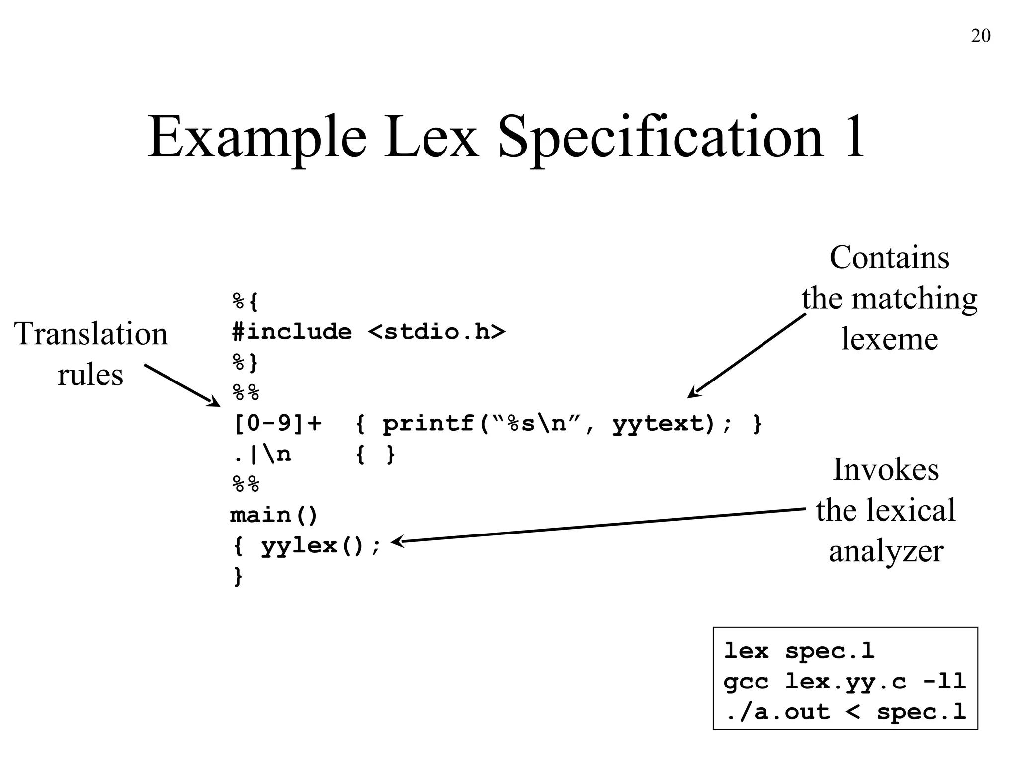 Example Lex Specification 1 %{ #include <stdio.h> %} %% [0-9]+  { printf(“%s\n”, yytext); } .|\n  { } %% main() { yylex(); } Contains the matching lexeme Invokes the lexical analyzer lex spec.l gcc lex.yy.c -ll ./a.out < spec.l Translation rules 
