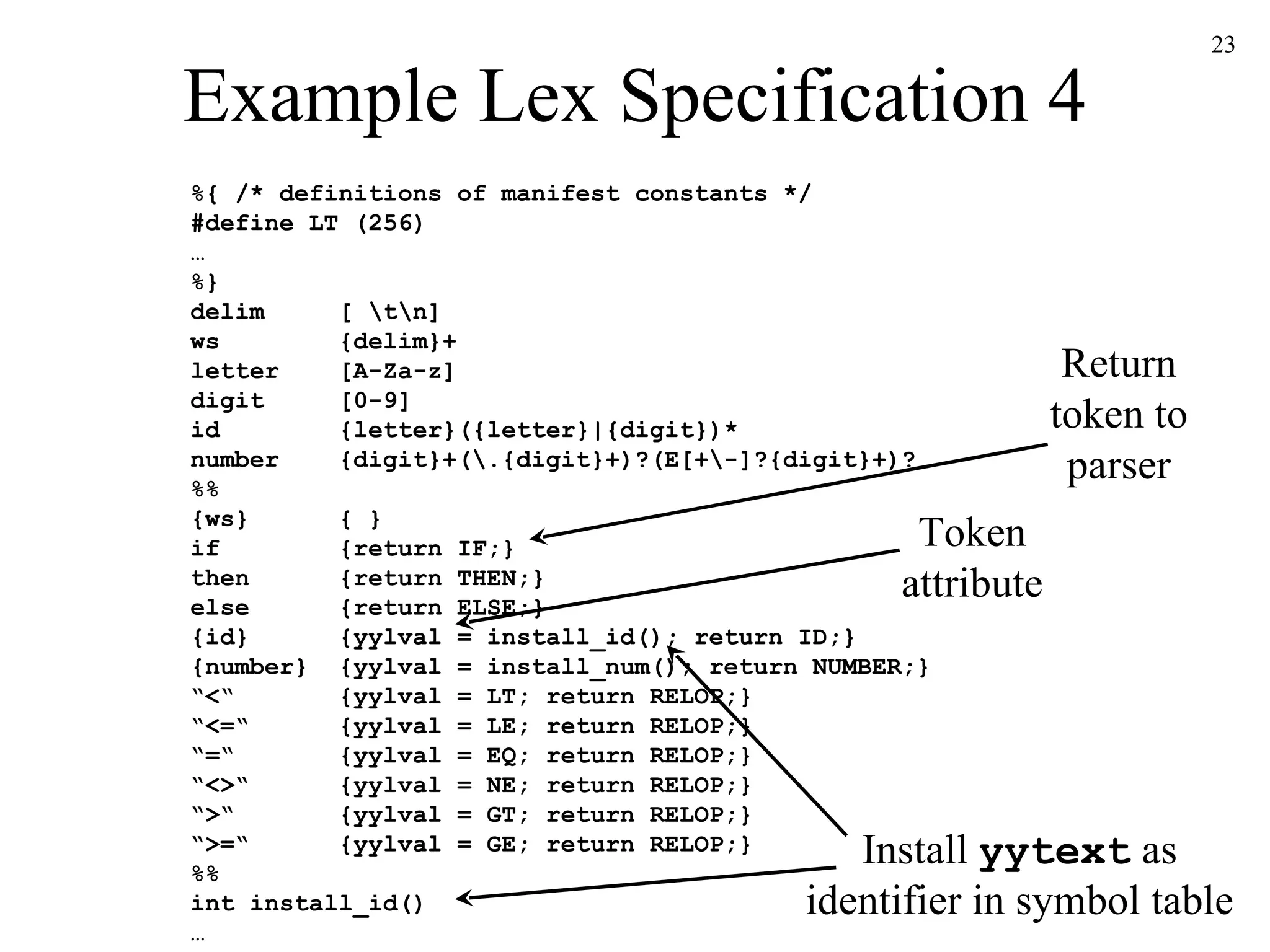 Example Lex Specification 4 %{ /* definitions of manifest constants */ #define LT (256) … %} delim  [ \t\n] ws  {delim}+ letter  [A-Za-z] digit  [0-9] id  {letter}({letter}|{digit})* number  {digit}+(\.{digit}+)?(E[+\-]?{digit}+)? %% {ws}  { } if  {return IF;} then  {return THEN;} else  {return ELSE;} {id}  {yylval = install_id(); return ID;} {number}  {yylval = install_num(); return NUMBER;} “<“  {yylval = LT; return RELOP;} “<=“  {yylval = LE; return RELOP;} “ =“  {yylval = EQ; return RELOP;} “ <>“  {yylval = NE; return RELOP;} “>“  {yylval = GT; return RELOP;} “ >=“  {yylval = GE; return RELOP;} %% int install_id() … Return token to parser Token attribute Install  yytext  as identifier in symbol table 