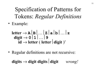 Specification of Patterns for Tokens:  Regular Definitions Example: letter     A  B  …  Z  a  b  …  z   digit      0  1  …  9   id      letter  (  letter  digit  ) * Regular definitions are not recursive: digits    digit digits  digit wrong! 