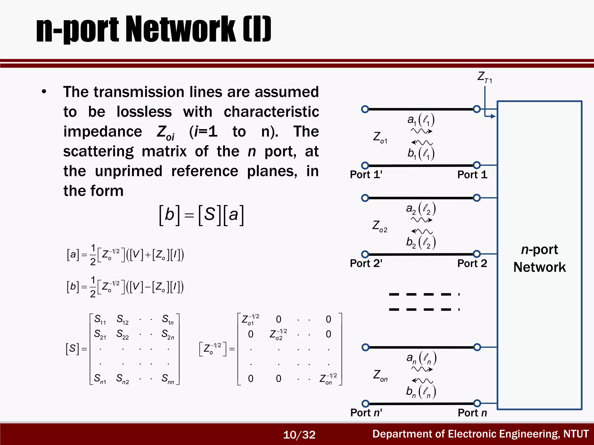Department of Electronic Engineering, NTUT
n-port Network (I)
• The transmission lines are assumed
to be lossless with characteristic
impedance Zoi (i=1 to n). The
scattering matrix of the n port, at
the unprimed reference planes, in
the form
    b S a
n-port
Network
1oZ
Port 1Port 1'
1TZ
 1 1a l
 1 1b l
2oZ
Port 2Port 2'
 2 2a l
 2 2b l
onZ
Port nPort n'
 n na l
 n nb l
       
   
1 21
2
o oa Z V Z I
       
   
1 21
2
o ob Z V Z I
 
  
   
      
 
     
   
11 12 1
21 22 2
1 2
n
n
n n nn
S S S
S S S
S
S S S




  
 
  
           
     
   
1 2
1
1 2
2
1 2
1 2
0 0
0 0
0 0
o
o
o
on
Z
Z
Z
Z
10/32
 
