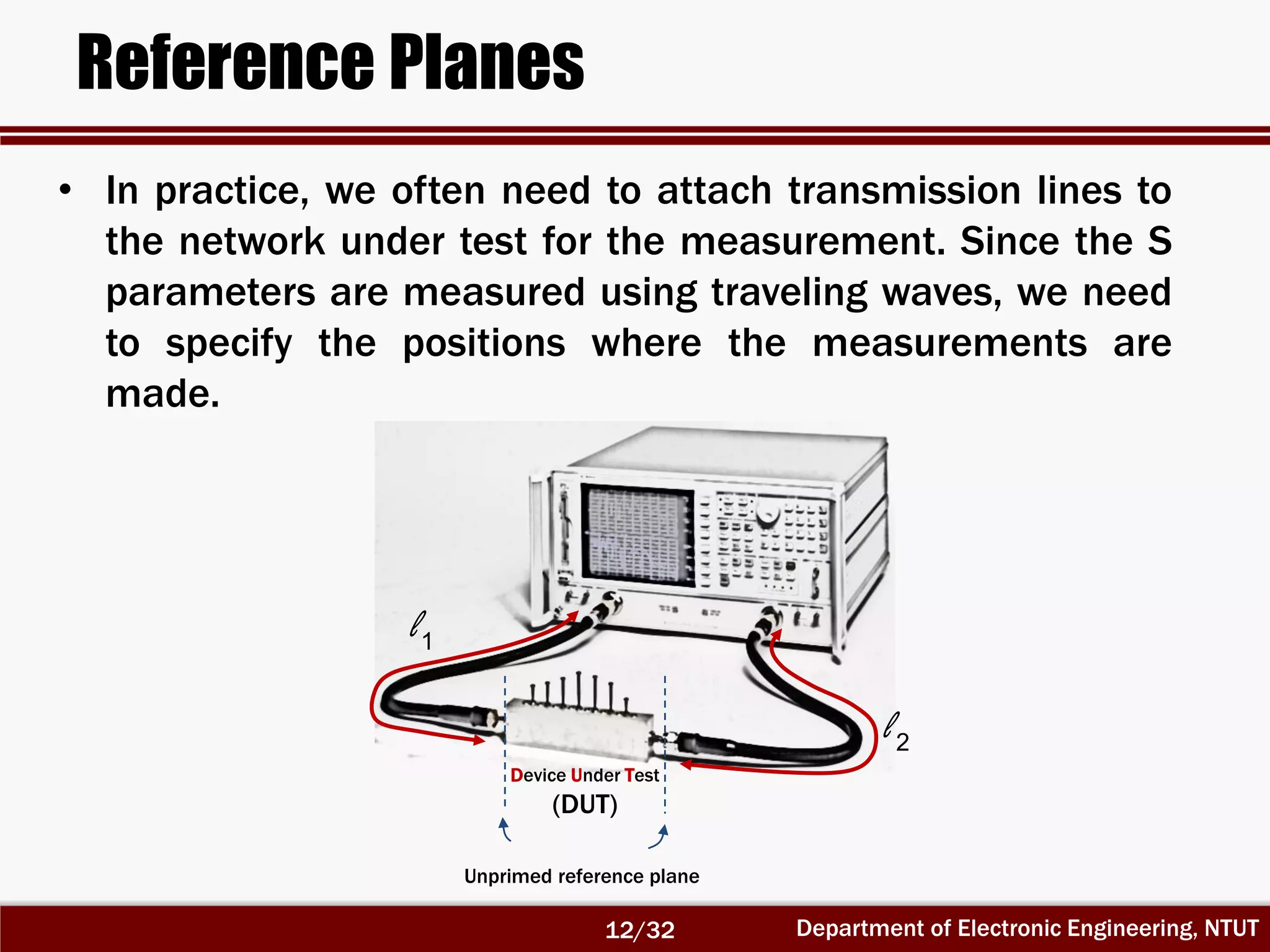 Department of Electronic Engineering, NTUT
Reference Planes
• In practice, we often need to attach transmission lines to
the network under test for the measurement. Since the S
parameters are measured using traveling waves, we need
to specify the positions where the measurements are
made.
Device Under Test
(DUT)
1l
2l
Unprimed reference plane
12/32
 