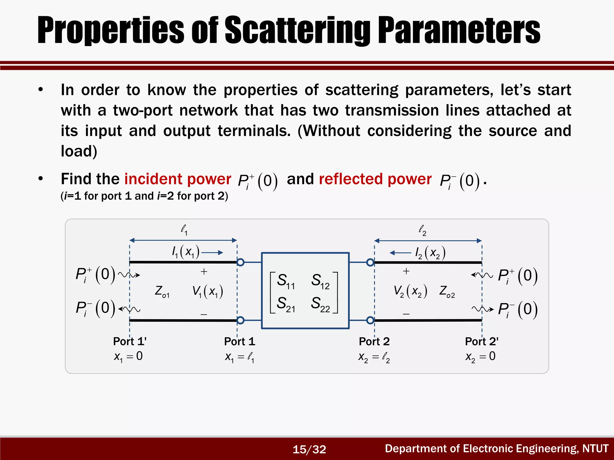 Department of Electronic Engineering, NTUT
Properties of Scattering Parameters
• In order to know the properties of scattering parameters, let’s start
with a two-port network that has two transmission lines attached at
its input and output terminals. (Without considering the source and
load)

1oZ 2oZ
Port 1
1 1x l
Port 2
2 2x l
Port 1'
1 0x
 1 1I x
Port 2'
2 0x
2l1l

 1 1V x
 2 2I x


 2 2V x
 
0iP
 
0iP
 
0iP
 
0iP
• Find the incident power and reflected power .
(i=1 for port 1 and i=2 for port 2)
 
0iP  
0iP
 
 
 
11 12
21 22
S S
S S
15/32
 