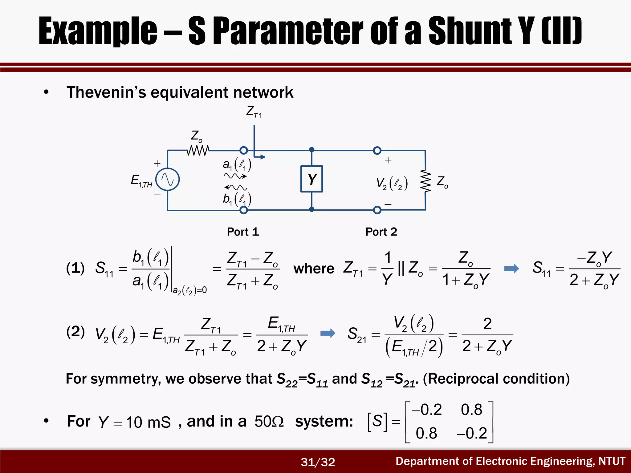 Department of Electronic Engineering, NTUT
Example – S Parameter of a Shunt Y (II)
• Thevenin’s equivalent network
 
   2 2
1 1 1
11
1 1 10
T o
T oa
b Z Z
S
a Z Z

 
l
l
l
1
1
||
1
o
T o
o
Z
Z Z
Y Z Y
 

where 11
2
o
o
Z Y
S
Z Y



Port 1 Port 2
1TZ
 1 1a l
 1 1b l


1,THE
oZ
oZ


 2 2V l
  1,1
2 2 1,
1 2
THT
TH
T o o
EZ
V E
Z Z Z Y
 
 
l
 
 
2 2
21
1,
2
22 oTH
V
S
Z YE
 

l
(1)
(2)
For symmetry, we observe that S22=S11 and S12 =S21. (Reciprocal condition)
• For , and in a system:10 mSY  50  
0.2 0.8
0.8 0.2
S
 
   
Y
31/32
 