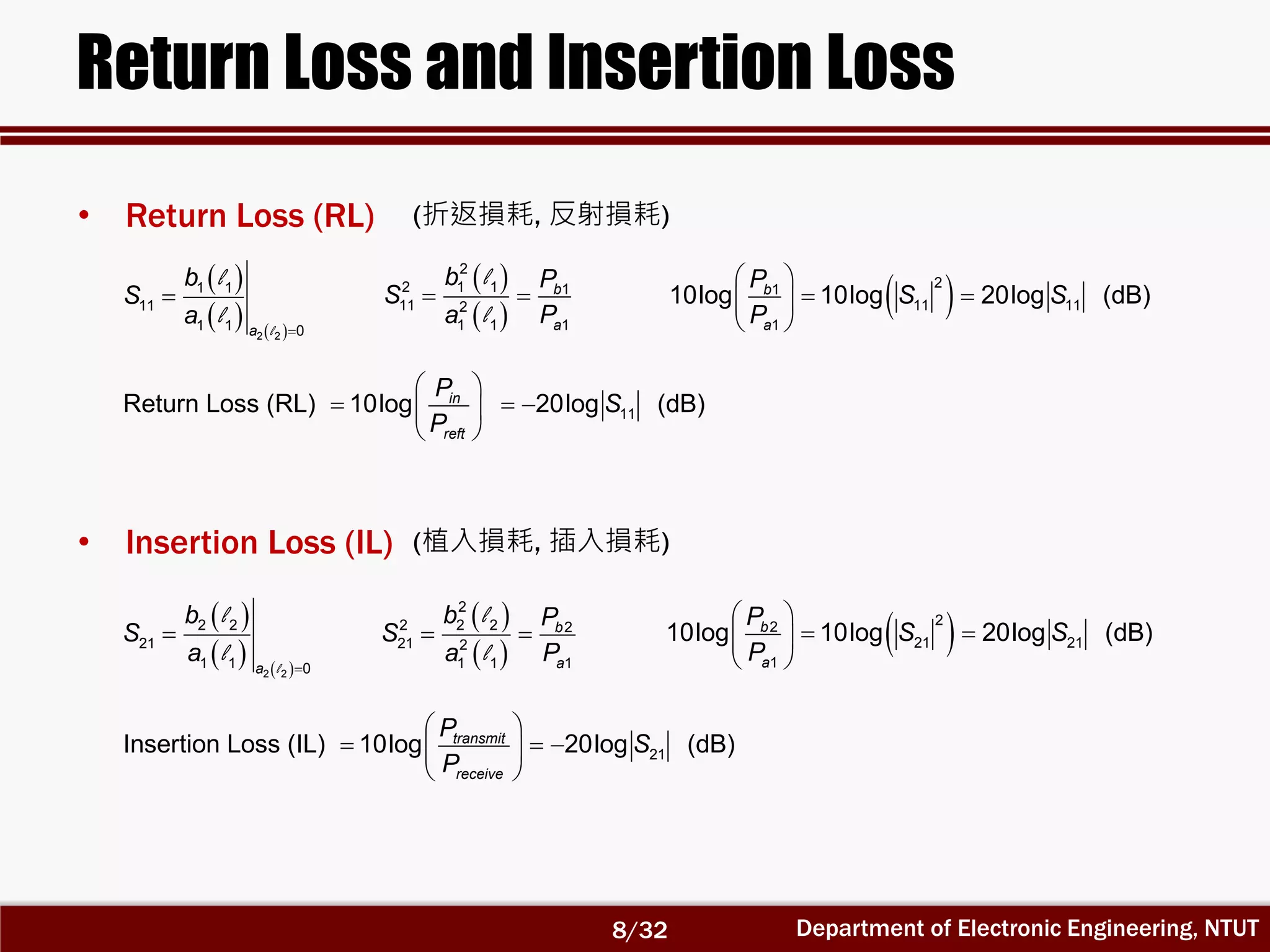 Department of Electronic Engineering, NTUT
Return Loss and Insertion Loss
 
   

2 2
1 1
11
1 1 0a
b
S
a l
l
l
• Return Loss (RL)
 
   

2 2
2 2
21
1 1 0a
b
S
a l
l
l
 
 
2
2 1 1 1
11 2
1 1 1
b
a
b P
S
a P
 
l
l
 21
11 11
1
10log 10log 20log (dB)b
a
P
S S
P
 
  
 
11Return Loss (RL) 10log 20log (dB)in
reft
P
S
P
 
   
 
(折返損耗, 反射損耗)
 
 
2
2 2 2 2
21 2
1 1 1
b
a
b P
S
a P
 
l
l
 22
21 21
1
10log 10log 20log (dB)b
a
P
S S
P
 
  
 
21Insertion Loss (IL) 10log 20log (dB)transmit
receive
P
S
P
 
   
 
(植入損耗, 插入損耗)• Insertion Loss (IL)
8/32
 
