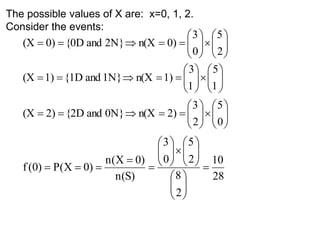 The possible values of X are: x=0, 1, 2.
Consider the events:






















2
5
0
3
0)
n(X
2N}
and
{0D
0)
(X






















1
5
1
3
1)
n(X
1N}
and
{1D
1)
(X






















0
5
2
3
2)
n(X
0N}
and
{2D
2)
(X
28
10
2
8
2
5
0
3
)
S
(
n
)
0
X
(
n
)
0
X
(
P
)
0
(
f 






























 