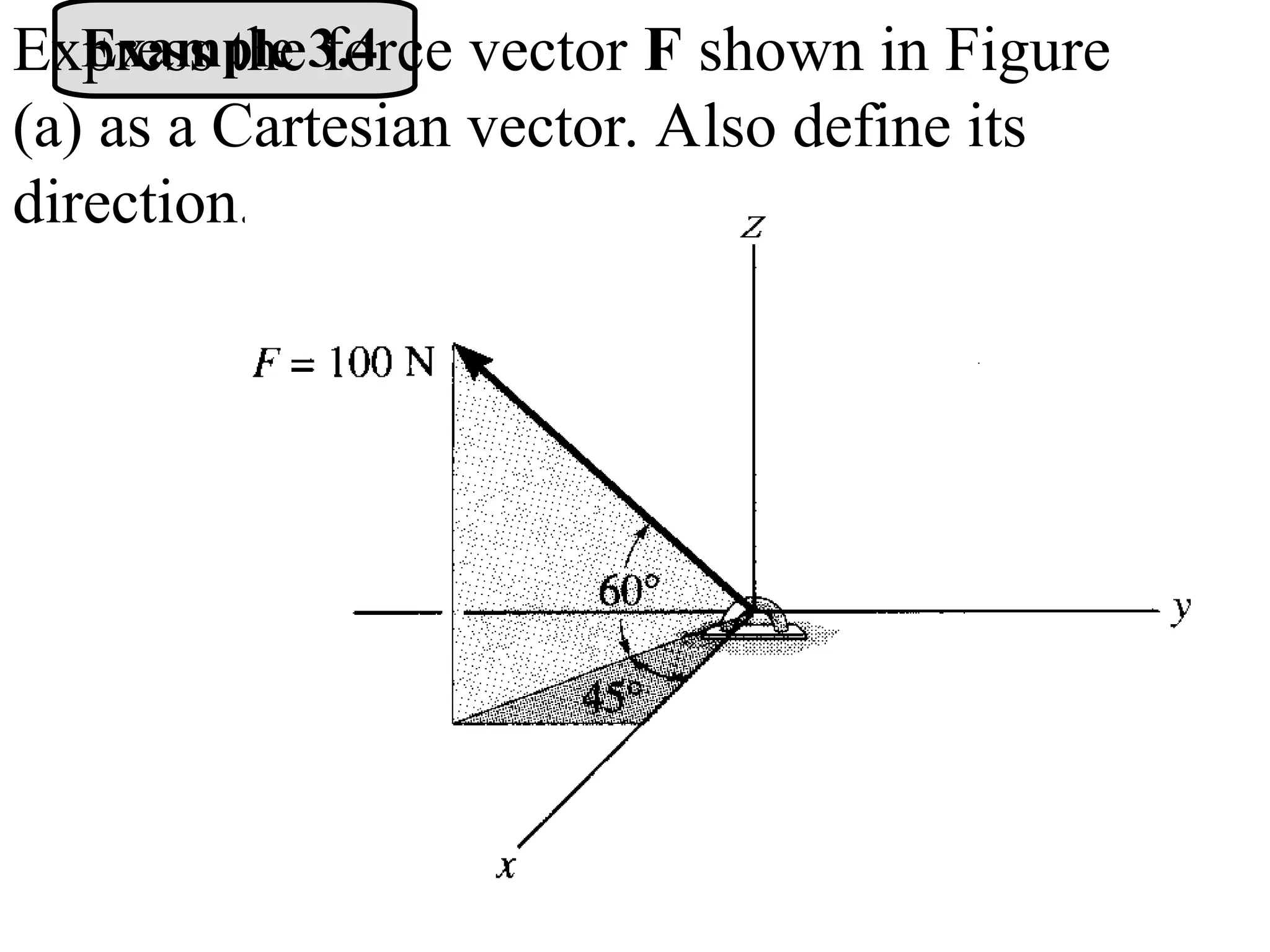Example 3.4
Express the force vector F shown in Figure
(a) as a Cartesian vector. Also define its
direction.
 