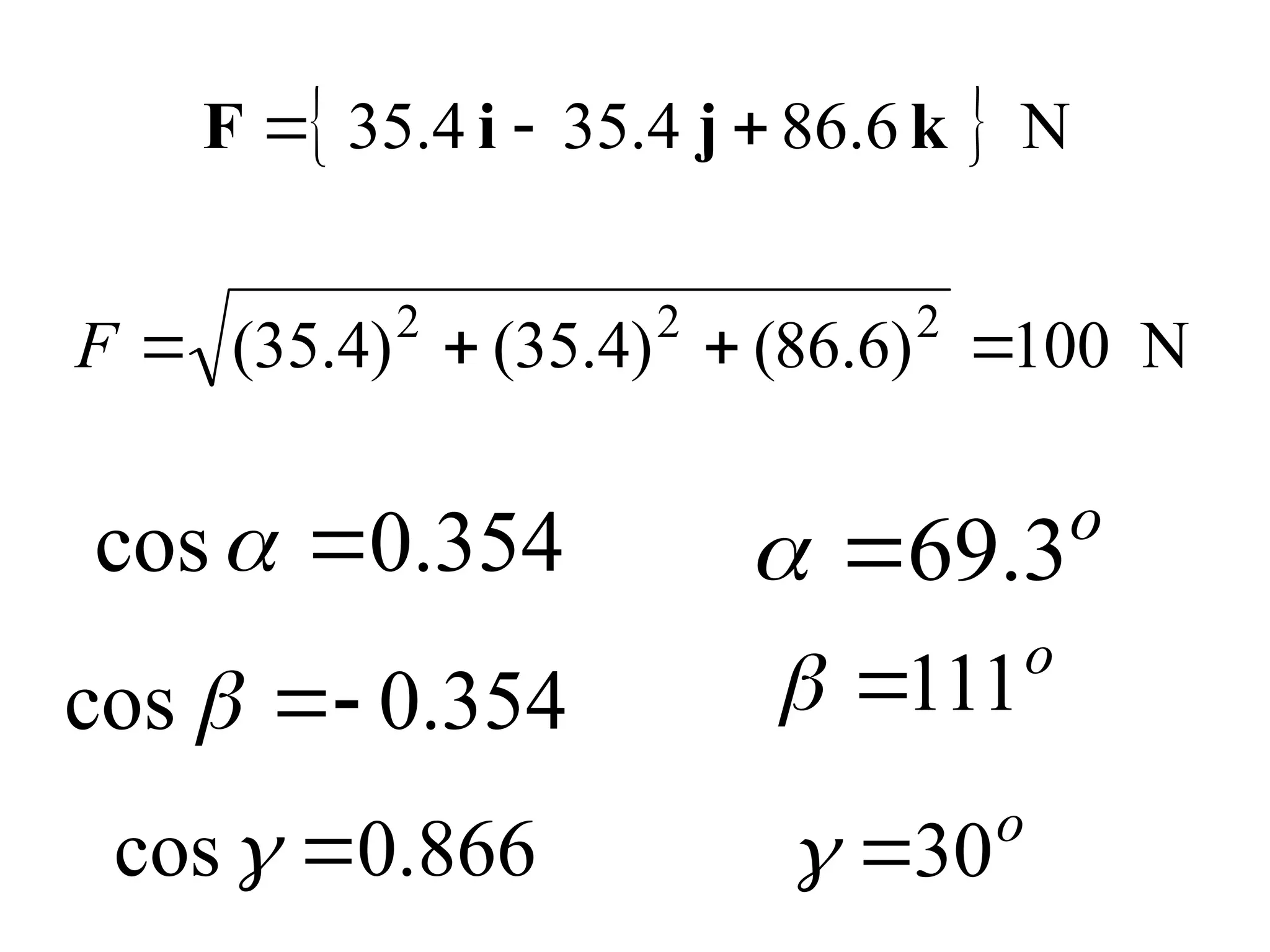   N
6
.
86
5.4
3
5.4
3 k
j
i
F 


N
100
)
6
.
86
(
5.4)
3
(
5.4)
3
( 2
2
2




F
354
.
0
cos 
 o
3
.
69


354
.
0
cos 


o
111


866
.
0
cos 
 o
30


 
