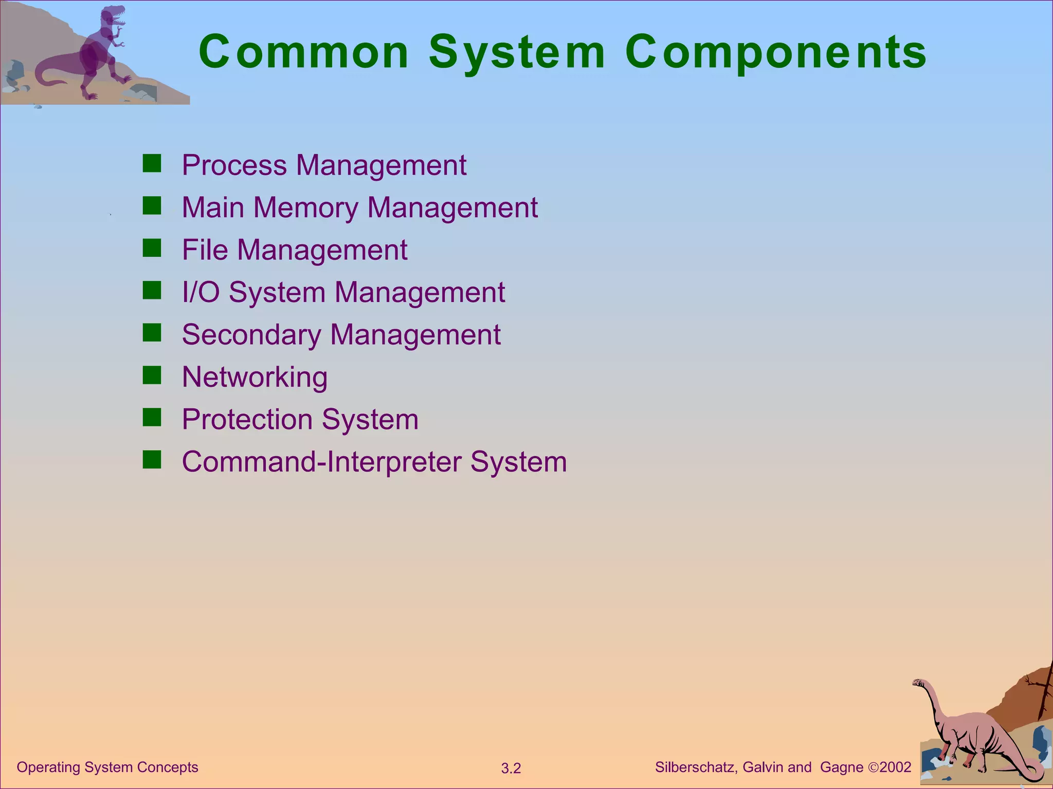 Common System Components Process Management  Main Memory Management File Management I/O System Management Secondary Management Networking Protection System Command-Interpreter System 