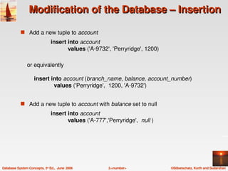 Modification of the Database – Insertion

            s Add a new tuple to account
                               insert into account
                                      values ('A­9732', 'Perryridge', 1200)

                or equivalently

                    insert into account (branch_name, balance, account_number)
                             values ('Perryridge',  1200, 'A­9732') 


            s Add a new tuple to account with balance set to null
                               insert into account
                                      values ('A­777','Perryridge',  null )




Database System Concepts, 5th Ed.,  June  2006         3.<number>             ©Silberschatz, Korth and Sudarshan
 