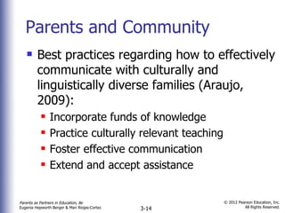 Parents and Community Best practices regarding how to effectively communicate with culturally and linguistically diverse families (Araujo, 2009): Incorporate funds of knowledge Practice culturally relevant teaching Foster effective communication Extend and accept assistance 