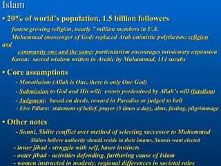 Islam • 20% of world’s population, 1.5 billion followers   fastest growing religion, nearly 7 million members in U.S.    M...