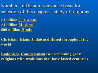 Numbers, diffusion, relevance basis for selection of this chapter’s study of religions   >1 billion  Christians >1 billion...