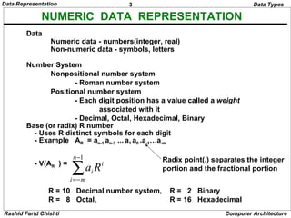 Data Representation                      3                                 Data Types

             NUMERIC DATA REPRESENTATION
        Data
                Numeric data - numbers(integer, real)
                Non-numeric data - symbols, letters

        Number System
               Nonpositional number system
                      - Roman number system
               Positional number system
                      - Each digit position has a value called a weight
                             associated with it
                      - Decimal, Octal, Hexadecimal, Binary
        Base (or radix) R number
          - Uses R distinct symbols for each digit
          - Example AR = an-1 an-2 ... a1 a0 .a-1…a-m

                         n −1                   Radix point(.) separates the integer
           - V(AR ) =
                        ∑a R
                        i =− m
                                 i
                                     i
                                                portion and the fractional portion


                R = 10 Decimal number system,     R = 2 Binary
                R = 8 Octal,                      R = 16 Hexadecimal
Rashid Farid Chishti                                              Computer Architecture
 