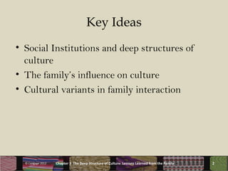 Key Ideas
• Social Institutions and deep structures of
  culture
• The family’s influence on culture
• Cultural variants i...