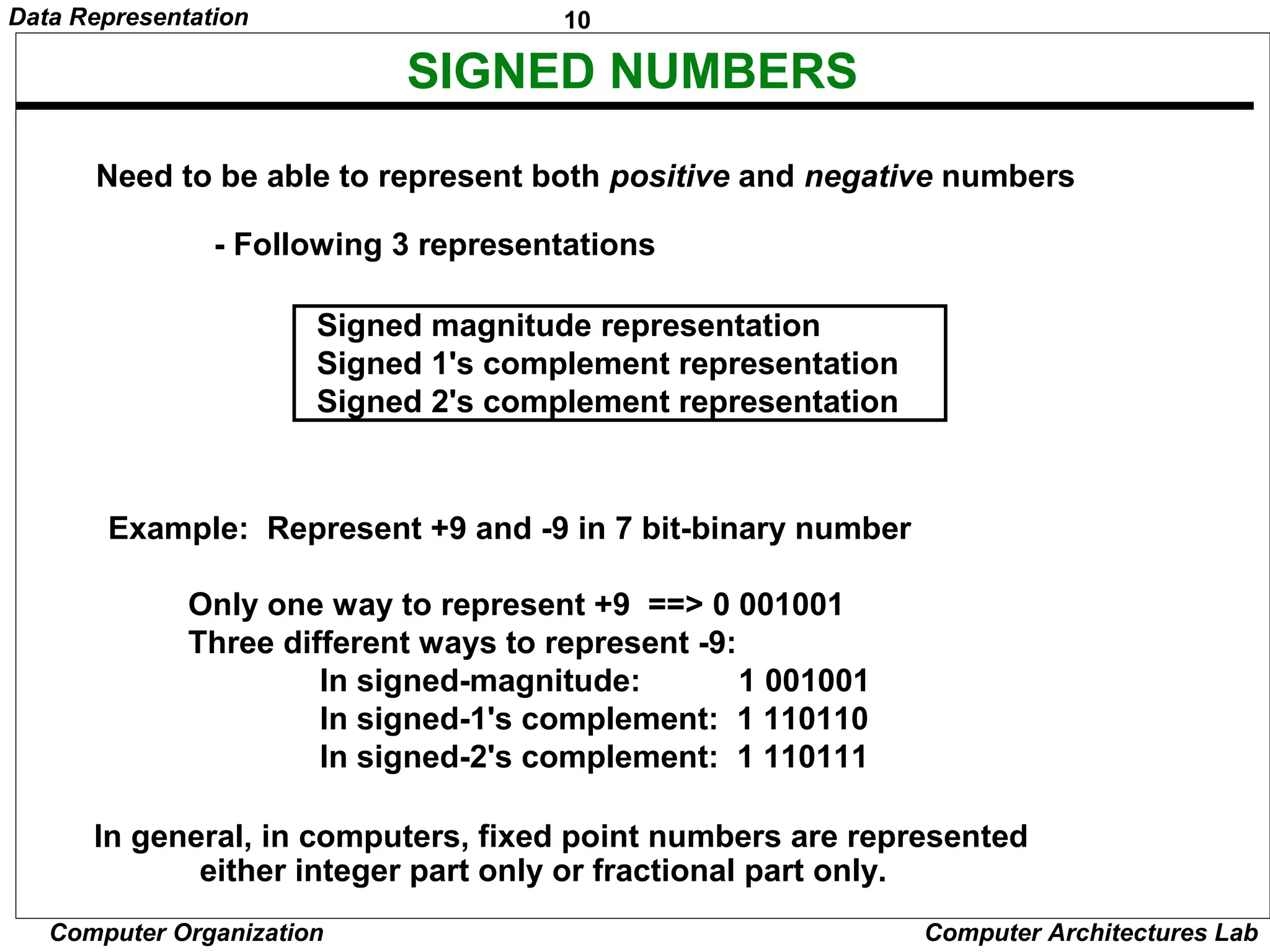 10Data Representation
Computer Organization Computer Architectures Lab
SIGNED NUMBERS
Signed magnitude representation
Signed 1's complement representation
Signed 2's complement representation
Example: Represent +9 and -9 in 7 bit-binary number
Only one way to represent +9 ==> 0 001001
Three different ways to represent -9:
In signed-magnitude: 1 001001
In signed-1's complement: 1 110110
In signed-2's complement: 1 110111
In general, in computers, fixed point numbers are represented
either integer part only or fractional part only.
Need to be able to represent both positive and negative numbers
- Following 3 representations
 