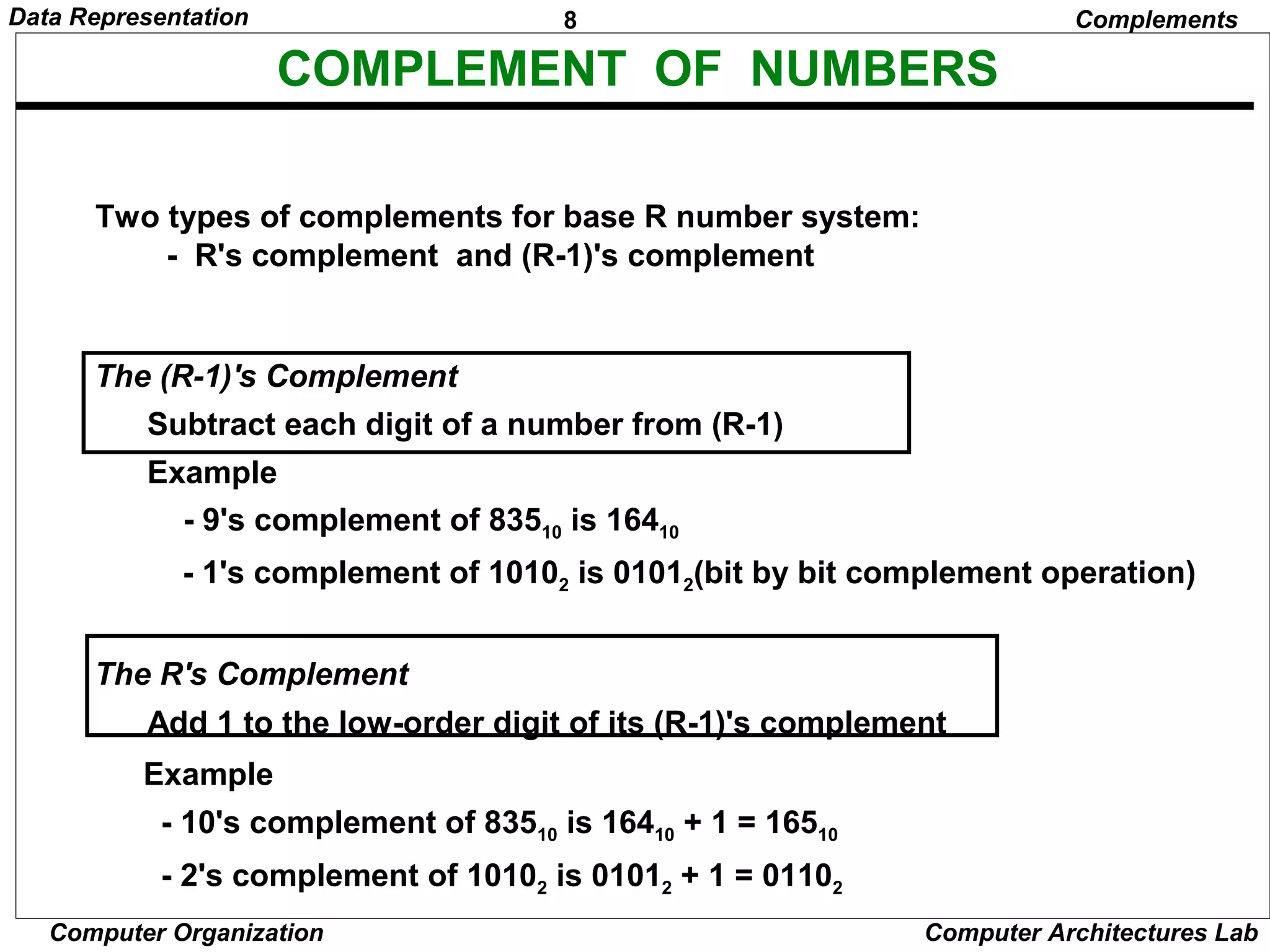 8Data Representation
Computer Organization Computer Architectures Lab
COMPLEMENT OF NUMBERS
Two types of complements for base R number system:
- R's complement and (R-1)'s complement
The (R-1)'s Complement
Subtract each digit of a number from (R-1)
Example
- 9's complement of 83510 is 16410
- 1's complement of 10102 is 01012(bit by bit complement operation)
The R's Complement
Add 1 to the low-order digit of its (R-1)'s complement
Example
- 10's complement of 83510 is 16410 + 1 = 16510
- 2's complement of 10102 is 01012 + 1 = 01102
Complements
 