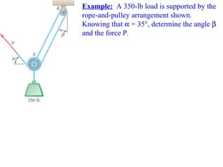 Example: A 350-lb load is supported by the
rope-and-pulley arrangement shown.
Knowing that α = 35°, determine the angle β
and the force P.

 