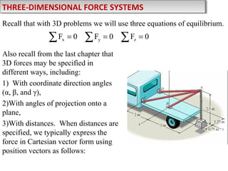 THREE-DIMENSIONAL FORCE SYSTEMS
THREE-DIMENSIONAL FORCE SYSTEMS
Recall that with 3D problems we will use three equations of equilibrium.

∑F

x

=0

∑F

y

=0

Also recall from the last chapter that
3D forces may be specified in
different ways, including:
1) With coordinate direction angles
(α, β, and γ),
2)With angles of projection onto a
plane,
3)With distances. When distances are
specified, we typically express the
force in Cartesian vector form using
position vectors as follows:

∑F

z

=0

 