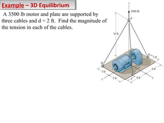 Example – 3D Equilibrium
Example – 3D Equilibrium
A 3500 lb motor and plate are supported by
three cables and d = 2 ft. Find the magnitude of
the tension in each of the cables.

 