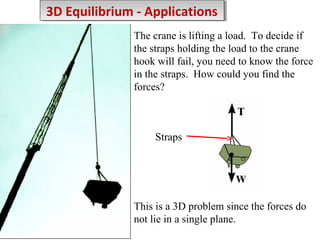 3D Equilibrium -- Applications
3D Equilibrium Applications
The crane is lifting a load. To decide if
the straps holding the load to the crane
hook will fail, you need to know the force
in the straps. How could you find the
forces?

Straps

This is a 3D problem since the forces do
not lie in a single plane.

 