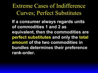 Extreme Cases of Indifference
Curves; Perfect Substitutes
If a consumer always regards units
of commodities 1 and 2 as
equivalent, then the commodities are
perfect substitutes and only the total
amount of the two commodities in
bundles determines their preference
rank-order.

 