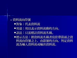 – 資料流向符號資料流向符號
 對象：代表資料流對象：代表資料流
 用途：用以表示資料流動的方向。用途：用以表示資料流動的方向。
 語法：只需標註資料流名稱。語法：只需標註資料流名稱。
 標示方法：將資料流名稱書寫於帶箭頭之資標示方法：將資料流名稱書寫於帶箭頭之資
料流向符號之上，由箭號的方向，判定資料料流向符號之上，由箭號的方向，判定資料
流為輸入資料流或輸出資料流。流為輸入資料流或輸出資料流。
 