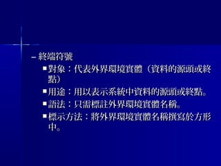 – 終端符號終端符號
 對象：代表外界環境實體（資料的源頭或終對象：代表外界環境實體（資料的源頭或終
點）點）
 用途：用途：用以表示系統中資料的源頭或終點用以表示系統中資料的源頭或終點。。
 語法：只需標註外界環境實體名稱。語法：只需標註外界環境實體名稱。
 標示方法：將外界環境實體名稱撰寫於方形標示方法：將外界環境實體名稱撰寫於方形
中。中。
 