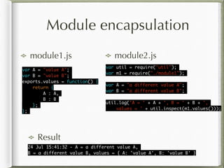 Module encapsulation
module1.js module2.js
24 Jul 15:41:32 - A = a different value A, 	
B = a different value B, values = { A: 'value A', B: 'value B' }
var util = require("util");	
var m1 = require("./module1");	
!
var A = "a different value A";	
var B = "a different value B";	
!
util.log('A = ' + A + ', B = ' + B + ', 	
values = ' + util.inspect(m1.values()));
var A = "value A";	
var B = "value B";	
exports.values = function() {	
return {	
A : A,	
B : B	
};	
};	
Result
 