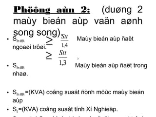 Phöông aùn 2: (duøng 2 
maùy bieán aùp vaän aønh 
song song). 
• Sñm MBA Maùy bieán aùp ñaët 
ngoaøi trôøi. 
³ 
³ Stt 
³ 1,3 
1,4 
Stt 
• Sñm MBA Maùy bieán aùp ñaët trong 
nhaø. 
• Sñm MBA =(KVA) coâng suaát ñònh möùc maùy bieán 
aùp 
• Stt =(KVA) coâng suaát tính Xí Nghieäp. 
• S= 1,4 SMaùy bieán aùp ñaët ngoaøi trôøi. 
 
