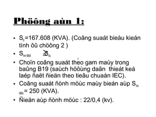 Phöông aùn 1: 
• S=167.608 (KVA). (Coâng suaát bieåu kieán 
tt tính ôû chöông 2 ) 
• S³ 
Sñm MBA ttc. 
• Choïn coâng suaát theo ³ 
gam maùy trong 
baûng B19 (saùch höôùng daãn thieát keá 
laép ñaët ñieän theo tieâu chuaån IEC). 
• Coâng suaát ñònh möùc maùy bieán aùp Sñm 
MBA = 250 (KVA). 
• Ñieän aùp ñònh möùc : 22/0,4 (kv). 
 