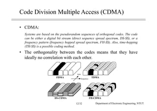 Code Division Multiple Access (CDMA)
• CDMA:
Systems are based on the pseudorandom sequences of orthogonal codes. The code
can be either a digital bit stream (direct sequence spread spectrum, DS-SS), or a
frequency pattern (frequency hopped spread spectrum, FH-SS). Also, time-hopping
(TH-SS) is a possible coding method.
• The orthogonality between the codes means that they have
ideally no correlation with each other.
FDMA TDMA
DS-CDMA FH-CDMA
time
frequency
Department of Electronic Engineering, NTUT12/32
 