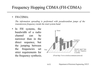Frequency Hopping CDMA (FH-CDMA)
• FH-CDMA:
The information spreading is performed with pseudorandom jumps of the
transmission frequency inside the total system band.
(From http://www.wirelesscommunication.nl)
• In FH systems, the
bandwidth of a radio
channel can be
narrower than in the
direct sequence, but
the jumping between
the frequencies set
strict requirements for
the frequency synthesis.
Department of Electronic Engineering, NTUT16/32
Power
Frequency
Time Desired signal hops
from one frequency
to another
 