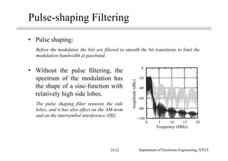 Pulse-shaping Filtering
• Pulse shaping:
Before the modulator, the bits are filtered to smooth the bit transitions to limit the
modulation bandwidth at passband.
• Without the pulse filtering, the
spectrum of the modulation has
the shape of a sinc-function with
relatively high side lobes.
The pulse shaping filter removes the side
lobes, and it has also effect on the AM-term
and on the intersymbol interference (ISI).
0
−20
−40
−60
−80
Amplitude(dBc)
−100
0 5 10 2015
Frequency (MHz)
Department of Electronic Engineering, NTUT25/32
 